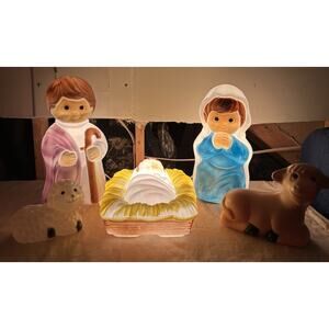 Vtg. General Foam Plastics Nativity Set Blow Mold Lights-5 Pcs 17" Original Box